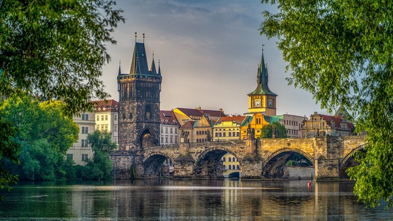 Charles Bridge, historical bridge crossing the  the Vltava river in Prague city center