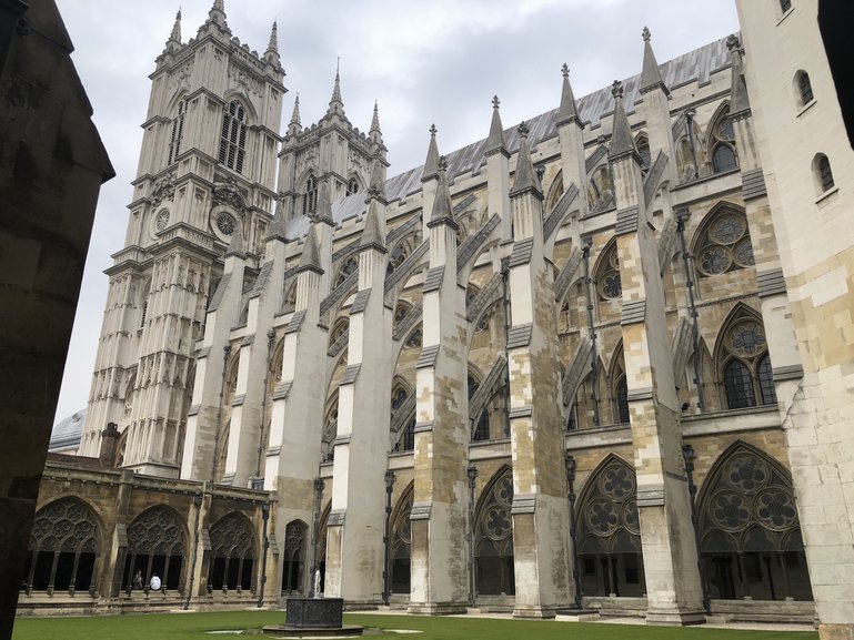 The view of the immense Westminster Abbey from the cloisters