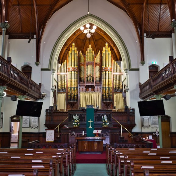 Inside the Albert Street Uniting Church is a quiet reprieve from the hustle and bustle outside