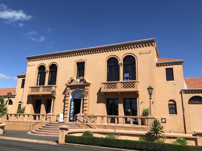 The Spanish Mission styled building housing the Blue Baths