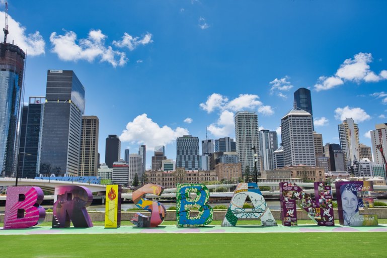 The Brisbane sign at the start of Southbank at the southern end of Victoria Bridge and across from the Queensland Performing Arts Centre