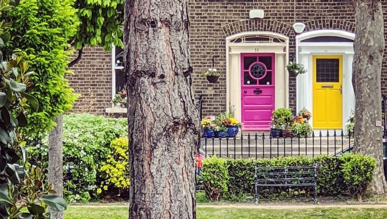 Pair of colorful doors on Pearse Square in Dublin's Grand Canal Dock.