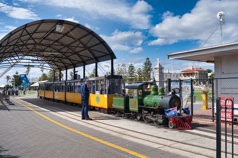 The playground and kiosk, pier and steam train to enjoy at Semaphore Beach