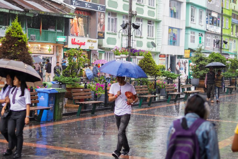 Rain pouring down on the M.G. Market, gangtok