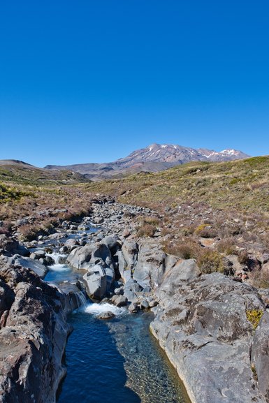 Crossing the bridge you have great views of the water going down to the falls and Mt. Ruapehu. The water is so clear although it's hard to tell in the photo