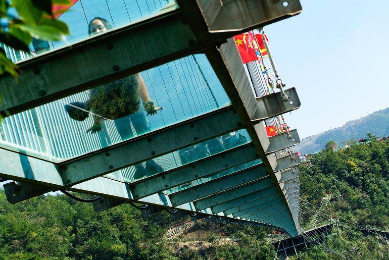 A glass bridge with glass bottom