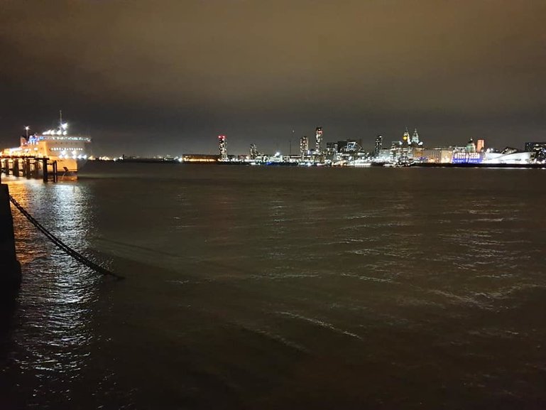 Stena Horizon alongside her berth with Liverpool skyline behind