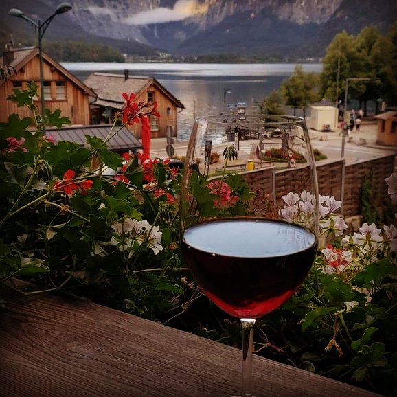 Having wine in Hallstatt, Austria