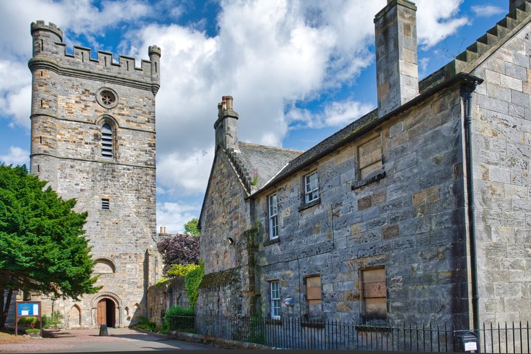 Culross Parish Church at the very top of the hill