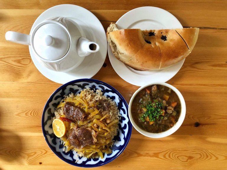 A typical Uzbek lunch fare at Cafe Yulduz in Samarkand, Uzbekistan.