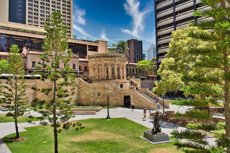 The War Memorial at the head of ANZAC Square with the Memorial Halls underneath