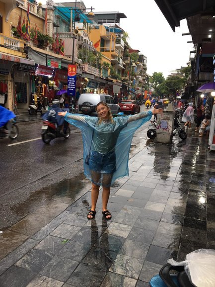 Loving life in my locally purchased rain attire.