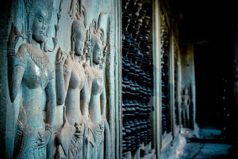 Apsara bas-reliefs in the corridors of Angkor Wat