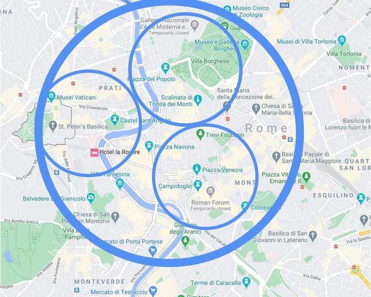 Anywhere in the big circle is fine - or, stay near the sites in one of the smaller circles and easily travel to the others!