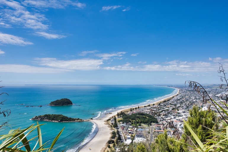 The view from the Summit. Mount Maunganui and Papamoa Beaches