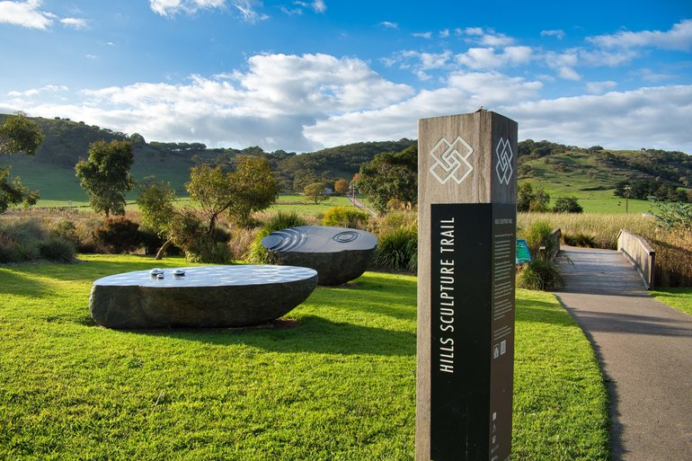 One of the many Hills Sculptures dotted around the Adelaide Hills, at the entrance to the Swamp Wetlands