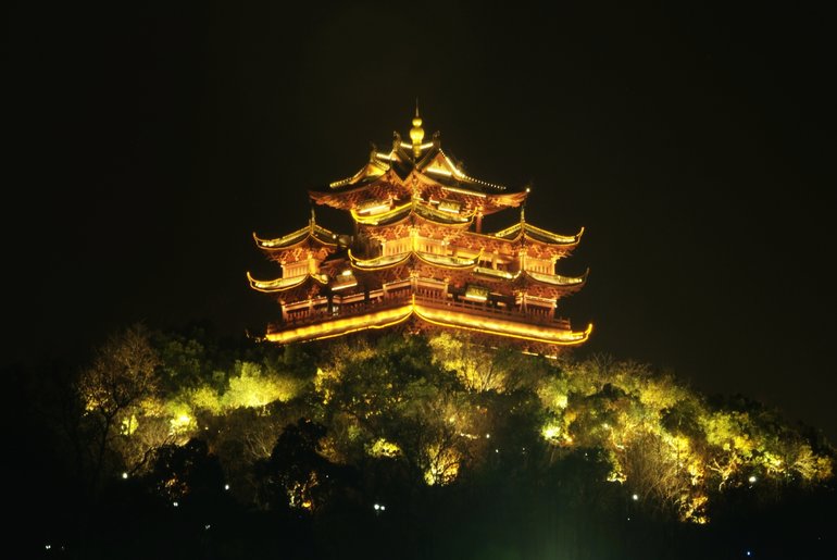 Chenghuang Pavilion in its night glow