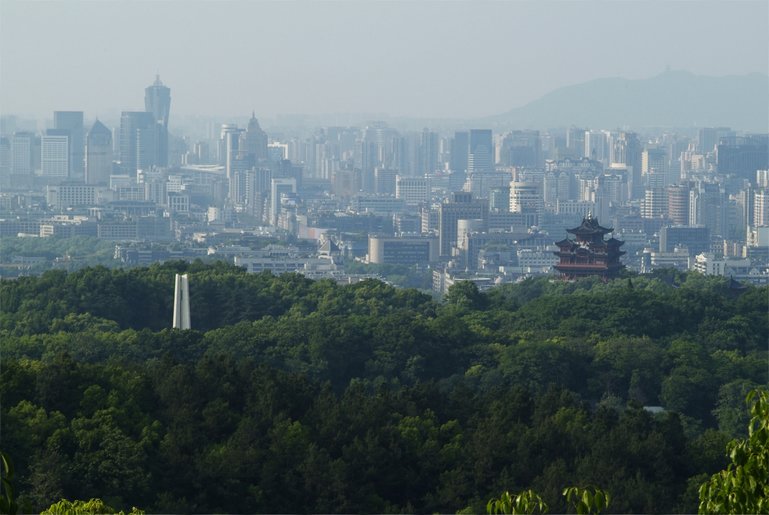 View over Wushan, including Chenghuang Pavilion on the right from the top of Phoenix Hill