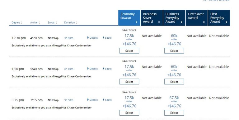 These are the options for the return. Three non-stop options if you hold the credit card. 35k miles for the roundtrip for one passenger.