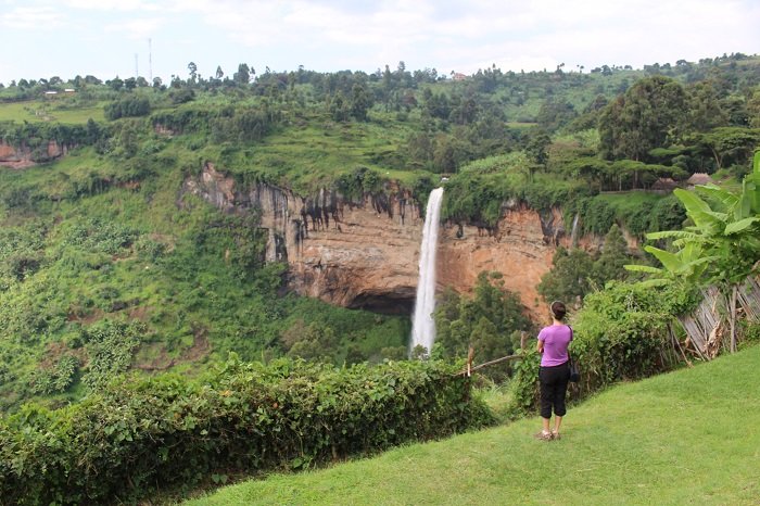 Hiker enjoying views of main Sipi Falls