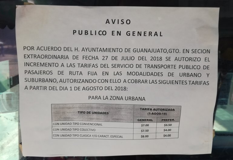 Bus prices in Guanajuato since August 2018