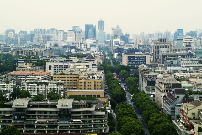 The view over Hangzhou's central district from Chenghuang Pavilion