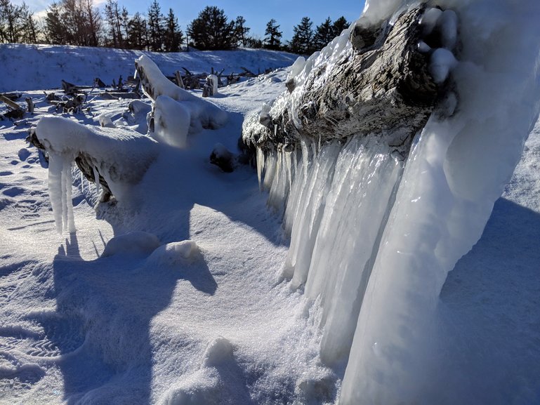 Frozen art can be found on the beach in the winter.