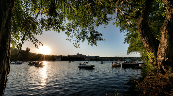 Paddle boats on river Vltava in Prague