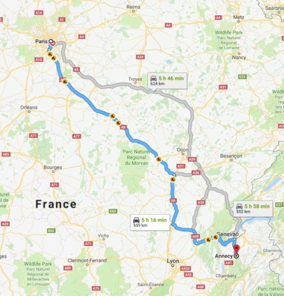 Route from Annecy to Paris