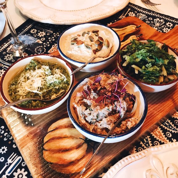 Traditional Georgian appetizers at Barbarestan in Tbilisi