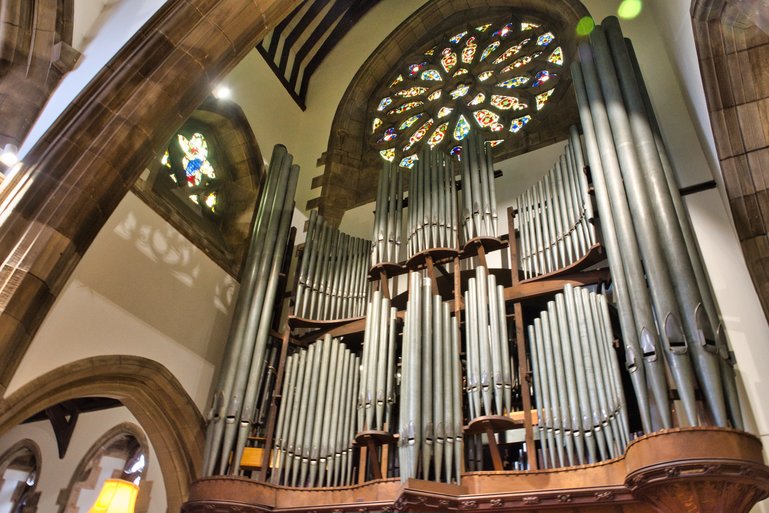 The organ pipes are fully restored and beautifully displayed.