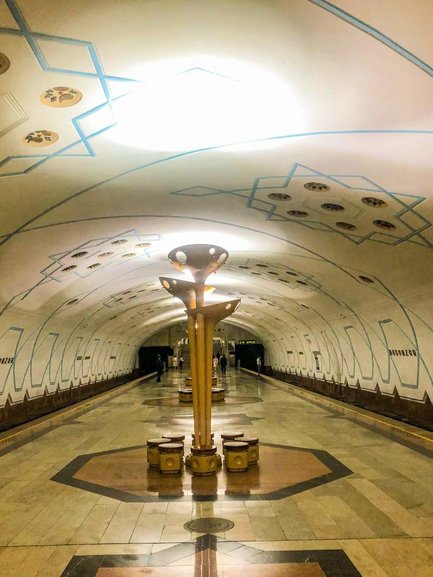 Futuristic looking lights at the Bodomzor metro station.