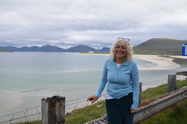 Sue at Seilebost Beach, South Harris