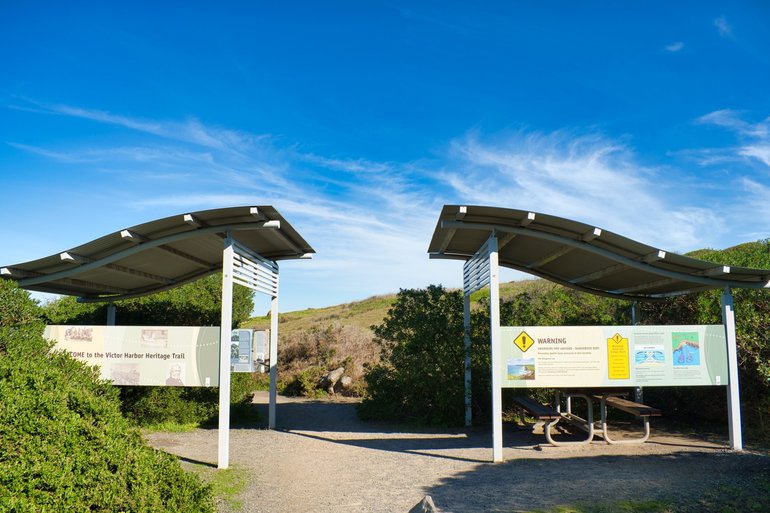 Information boards at the start of the Victor Harbor Heritage Trail at Petrel Cove