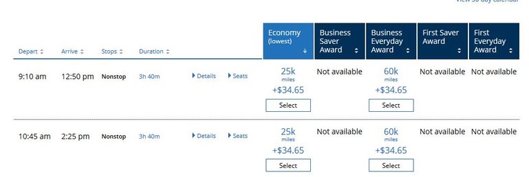 If you want the non-stop option, it will cost 25k miles rather than the 17.5k miles seen above.