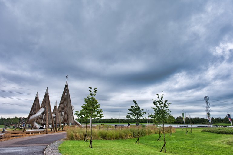 The Helix Park playground with the lake behind that you can walk around