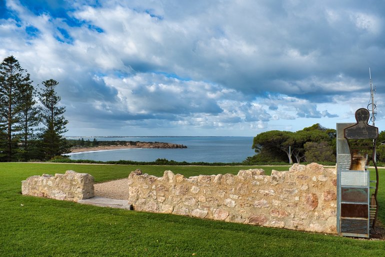 The ruins of the Harbourmasters Cottage overlooking Horseshoe Bay