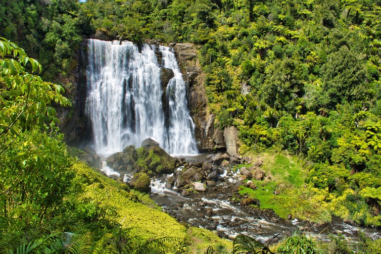 Marokopa Falls has a great lookout to appreciate the falls and river.