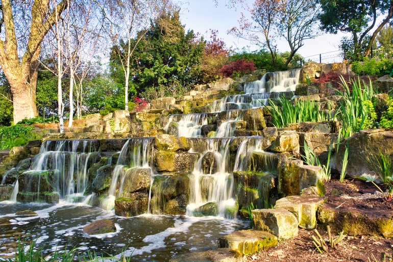 The beautiful cascading waters in the Japanese Garden Island part of Regent's Park