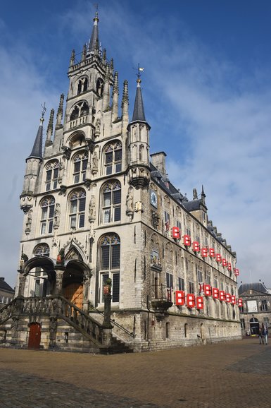 Gouda's City Hall with Goudse Waag pictured in the background