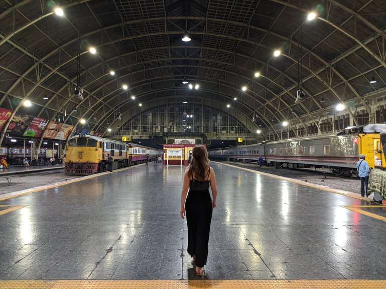 Simone at the train station in Bangkok