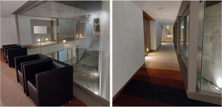 Hotel room corridors with contemporary art for sale. Some corridor walls also show pictures of the palace restoration.