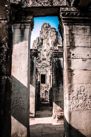 View through the maze of passageways to the upper level at Bayon