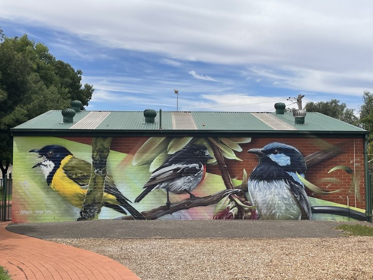 More birds adorn the back of the public toilets.